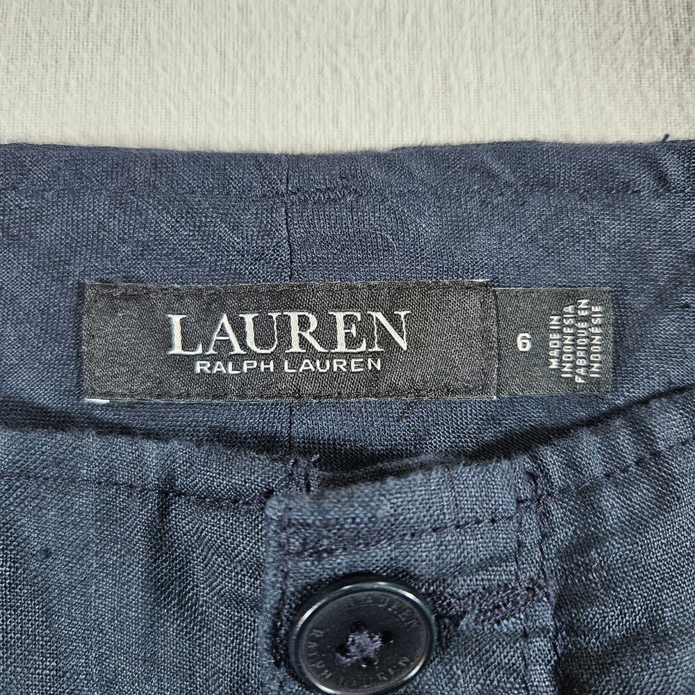 Lauren Ralph Lauren Pants Womens 6 Navy Blue Linen Straight Leg Cuffed High Rise